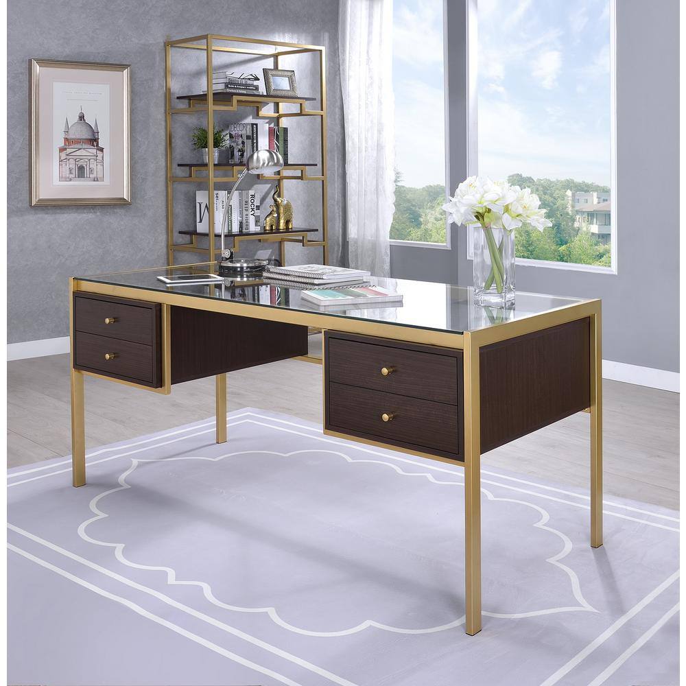 Gold and Espresso Glass Executive Desk with Drawers