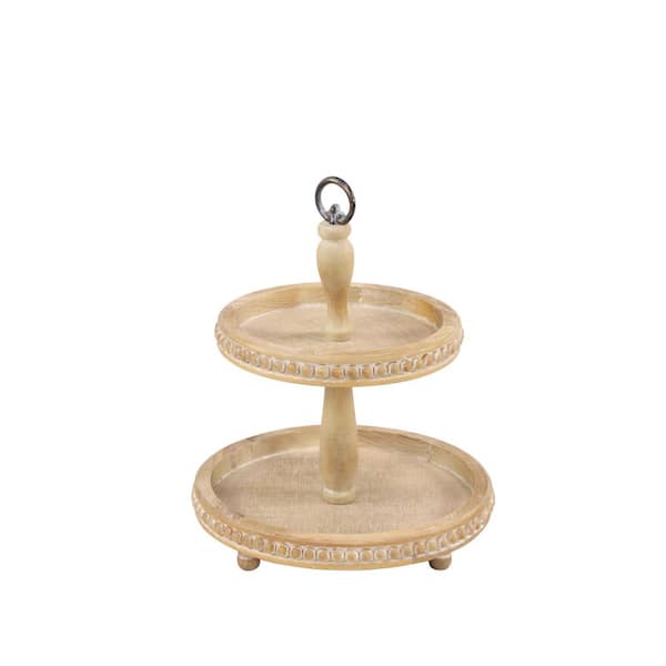Litton Lane Light Brown Wood Beaded 2 Decorative Tiered Server