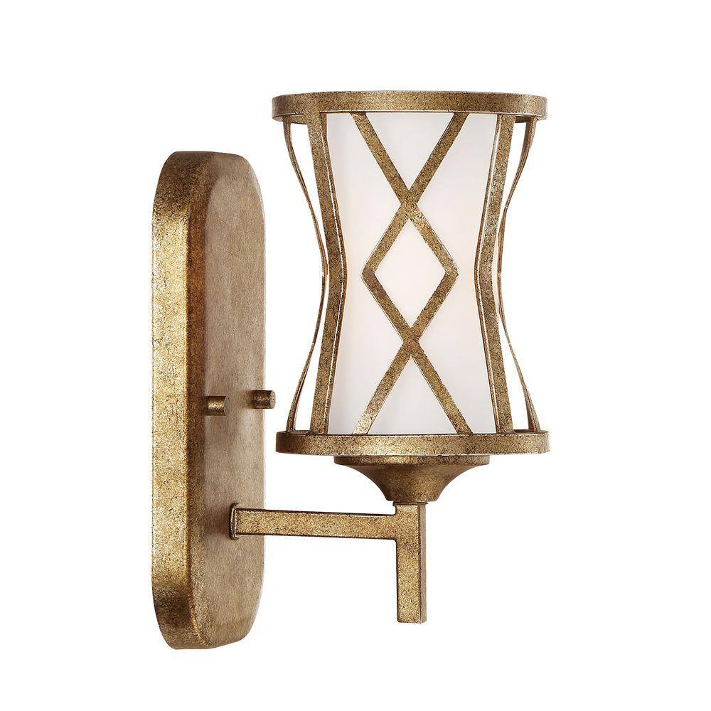 Lakewood Collection 1Light Vintage Gold Wall Sconce with Etched White