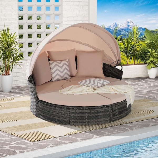 Zeus & Ruta 5-Piece Wicker Outdoor Round Day Bed with Retractable Canopy and Beige Cushions Storable Table for Backyard