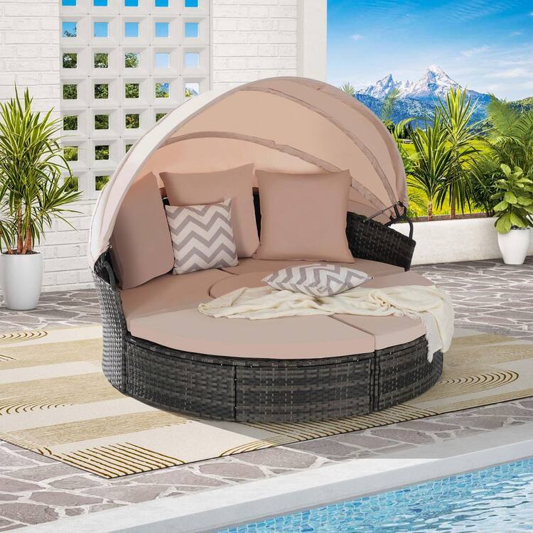 Zeus & Ruta 5-Piece Wicker Outdoor Round Day Bed with Retractable Canopy and Beige Cushions Storable Table for Backyard