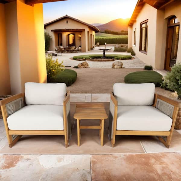 Charlo Natural Acacia Wood Outdoor Club Chair Set with Olefin Beige Cushions and Side Table (3-Pack)