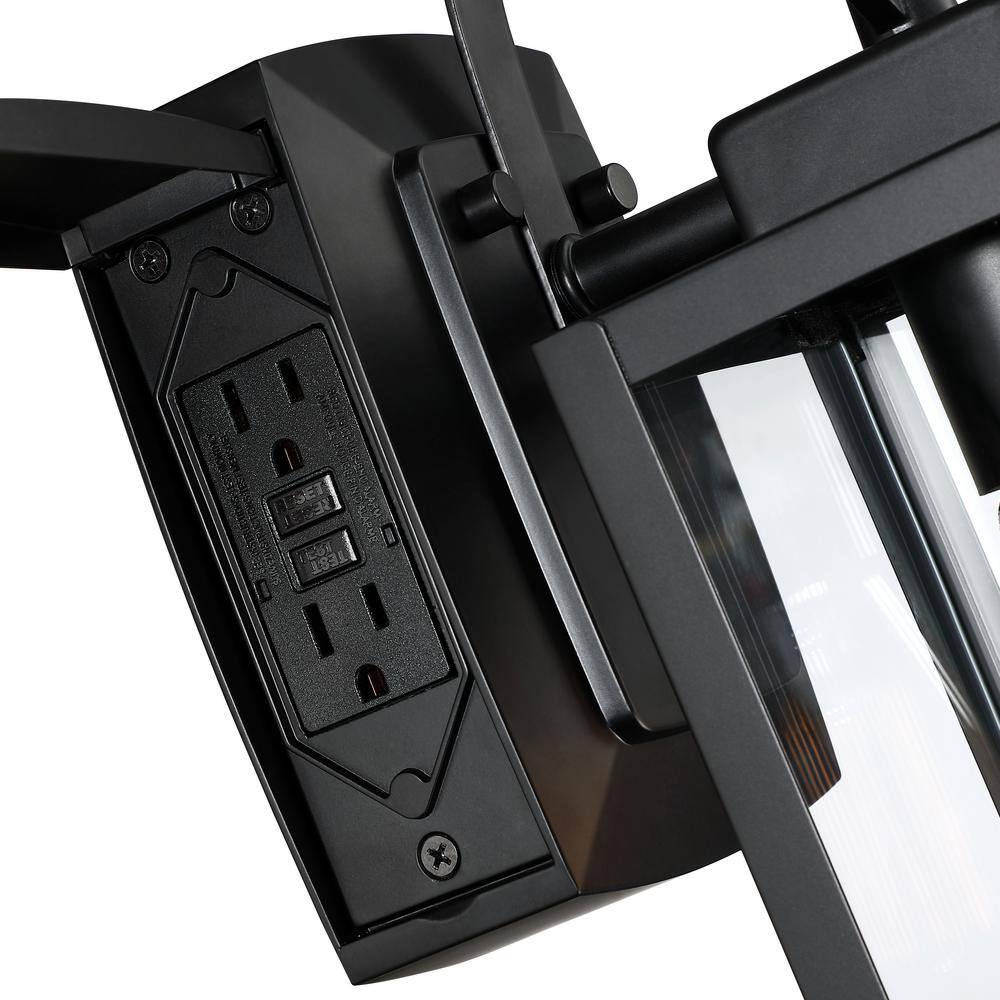 Matte Black Outdoor Lantern Sconce with Clear Glass and GFCI Outlets