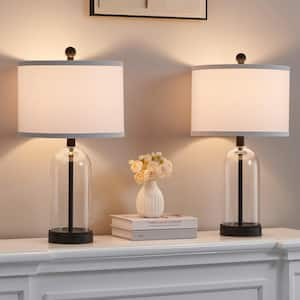 22 in. Black Bedside Table Lamp Set with Clear Glass Base and White Linen Shade (Set of 2)