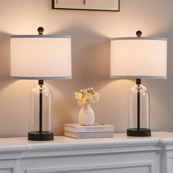 KAWOTI 22 in. Black Bedside Table Lamp Set with Clear Glass Base and White Linen Shade (Set of 2)