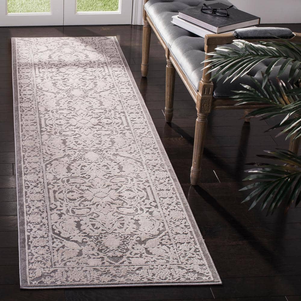 Elegant Gray and Cream Floral Synthetic Runner Rug, 27"x6"
