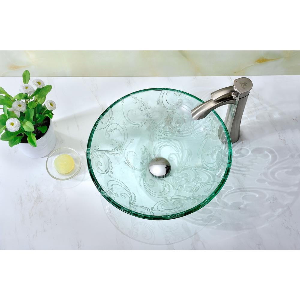 Vieno 16.5'' Clear Floral Etched Glass Vessel Sink