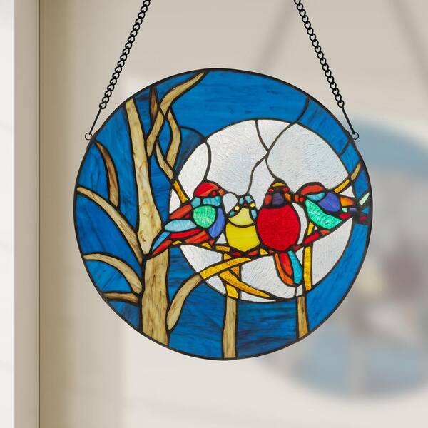 River of Goods Multi-Colored Birds in the Night Sky Round Stained 
