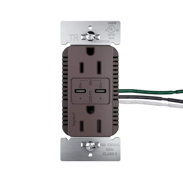 radiant 15A Tamper Resistant 65W Power Delivery USB Type C Duplex Outlet Brown