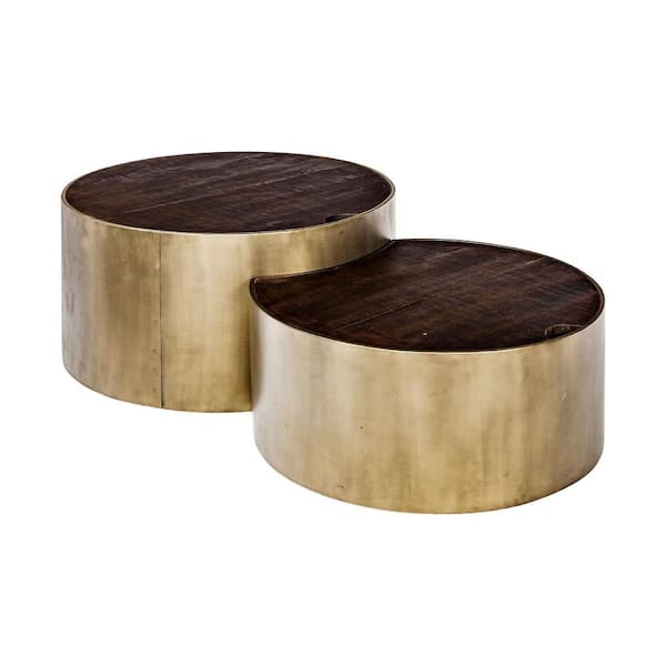 Mercana Eclipse Round Brown Solid Wood Top w/Gold Metal Base Nesting Coffee Tables - Set of 2