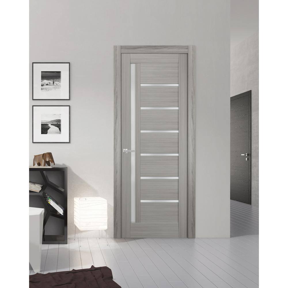 Grey Ash Pine Barn Door with Frosted Glass Panels, 32 x 84 Inches
