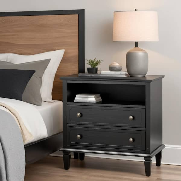 JAYDEN CREATION Juiien Mid-Century Solid Wood 2 - Drawer Storage Nightstand with USB Port Set of 2-Black