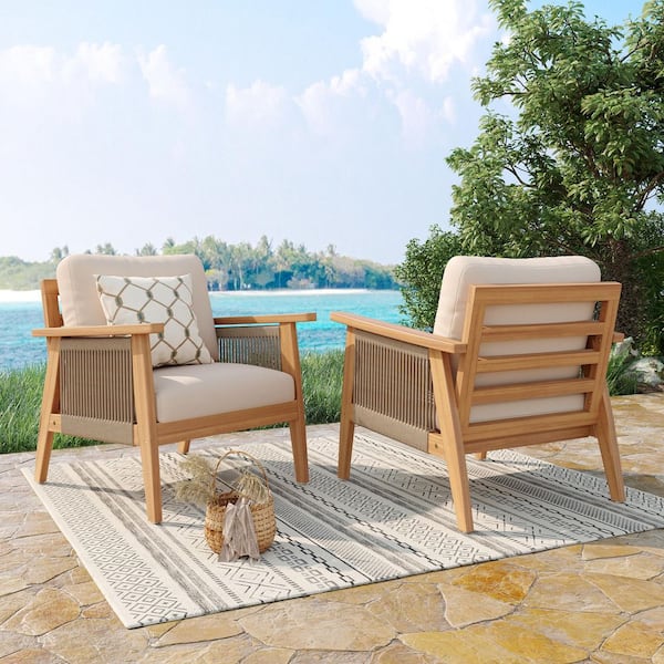Modern Solid Wood and Rope Patio Outdoor Lounge Chair with Beige Cushions, Teak Finish, Set of 2