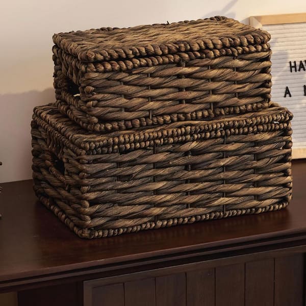 Set of 2 Black Wicker Baskets with Lid WK1696 - The Home Depot