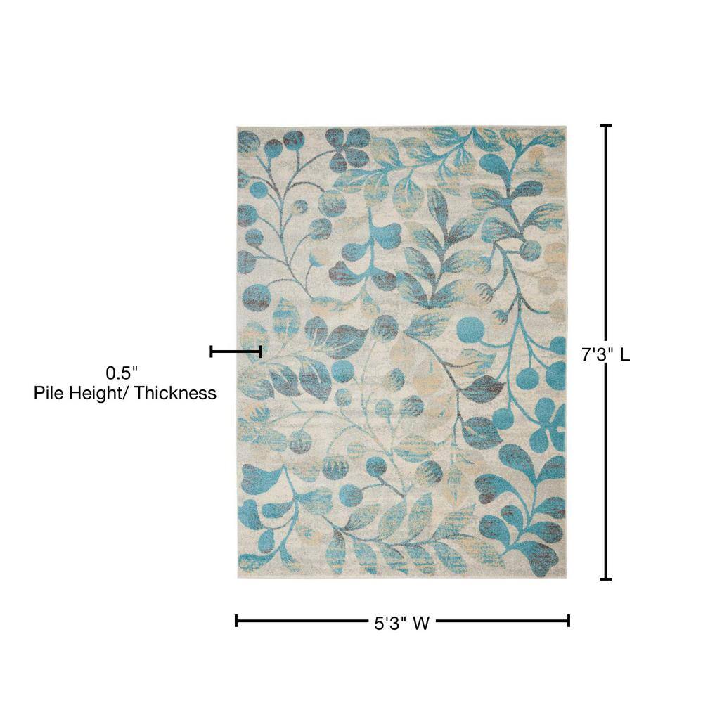 Ivory and Turquoise Floral Synthetic 6' x 9' Area Rug