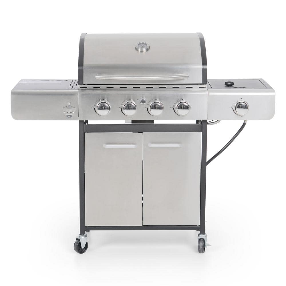 PHI VILLA 4-Burner Portable Propane Gas Grill in Stainless Steel with Side  Burner and Fixed Side Tables THD-E02GR001 - The Home Depot