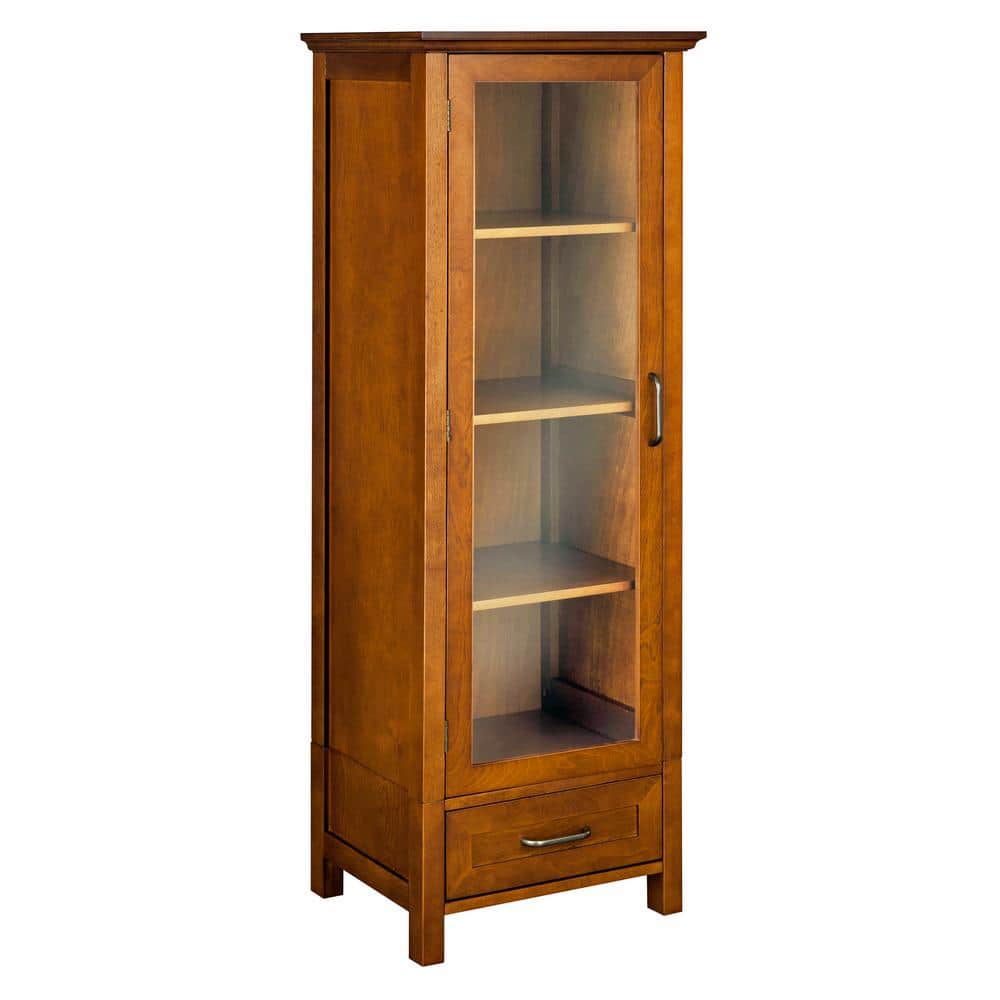 Elegant Avery Oak Linen Tower with Glass Paneled Door and Antique Brass Knobs
