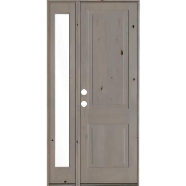 46 in. x 96 in. Rustic knotty alder Right-Hand/Inswing Clear Glass Grey Stain Wood Prehung Front Door w/Left Sidelite