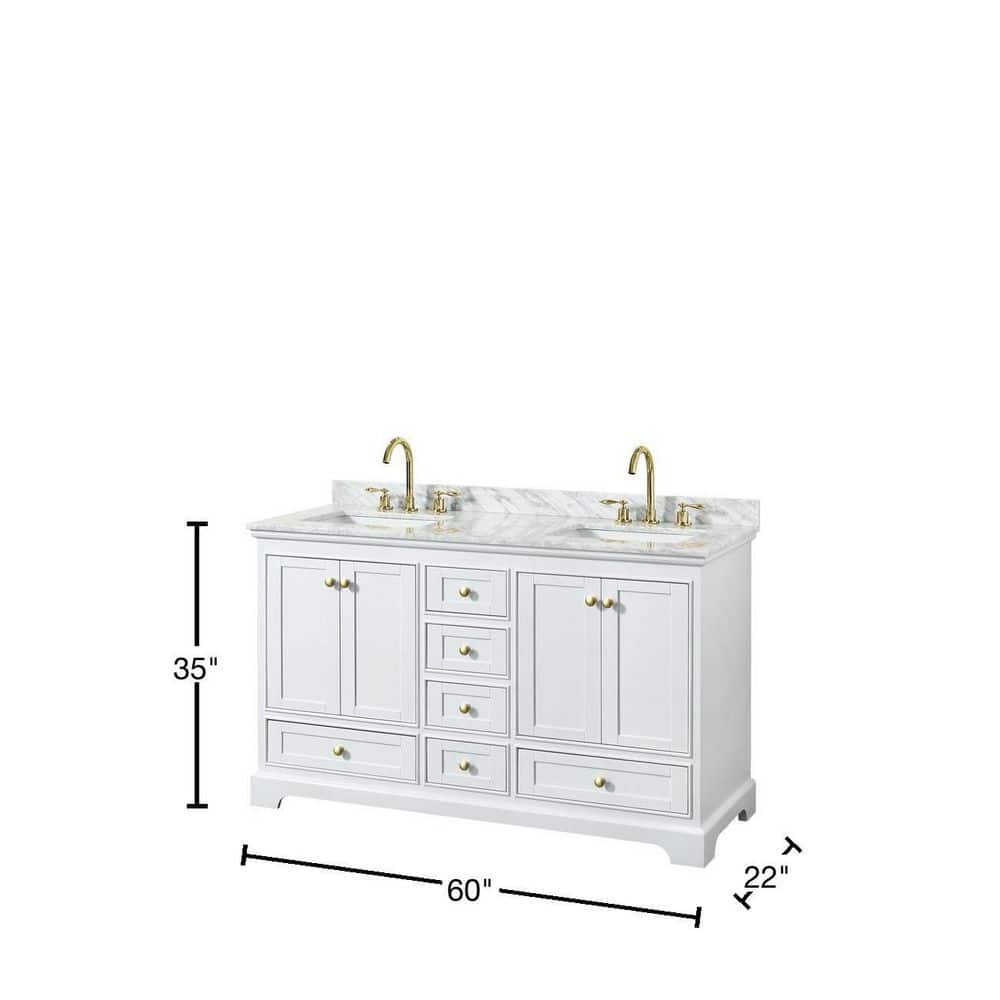 Deborah 60" White and Gold Double Bathroom Vanity with Marble Top