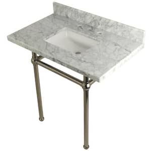 Square Sink Washstand 36 in. Console Table in Carrara with Metal Legs in Polished Nickel