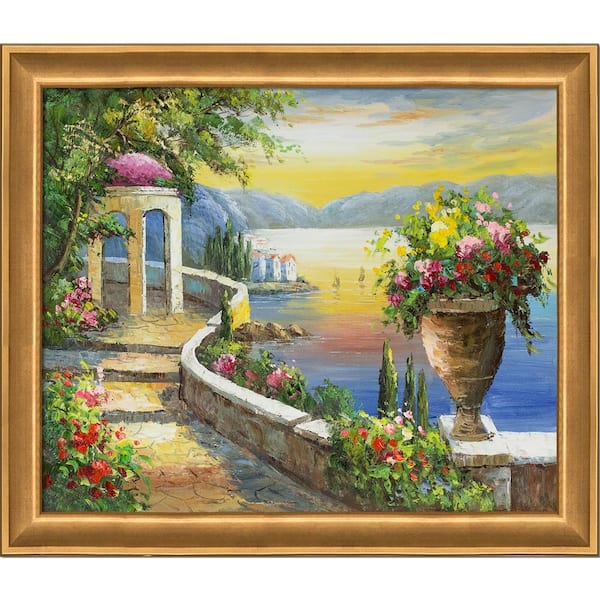 LA PASTICHE Sunset at Gazebo Point by Unknown Artists Muted Gold Glow Framed Architecture Oil Painting Art Print 24 in. x 28 in.
