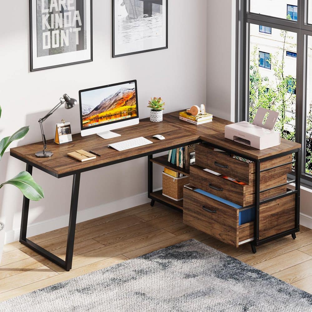 BYBLIGHT Lanita 53.1 in. Reversible L Shaped Desk Brown Engineered Wood ...