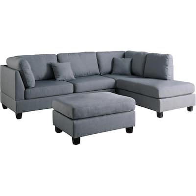 Madrid Capital 3-Piece L-Shaped Poly-fiber Top Gray Reversible Sectional Set with Ottoman