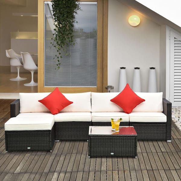Outsunny 6-Piece Steel Plastic Rattan Patio Conversation Set with White Cushions