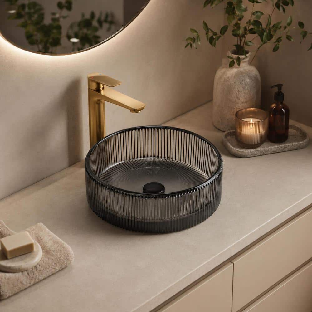 "16"" Bathroom Sink, Round Striped Vessel Crystal Glass Basin in Transparent Black" price history on PriceWatchPro
