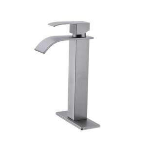 Single Handle Vessel Sink Faucet Single Hole Bathroom Faucet with Waterfall and Deck Plate in Brushed Nickel