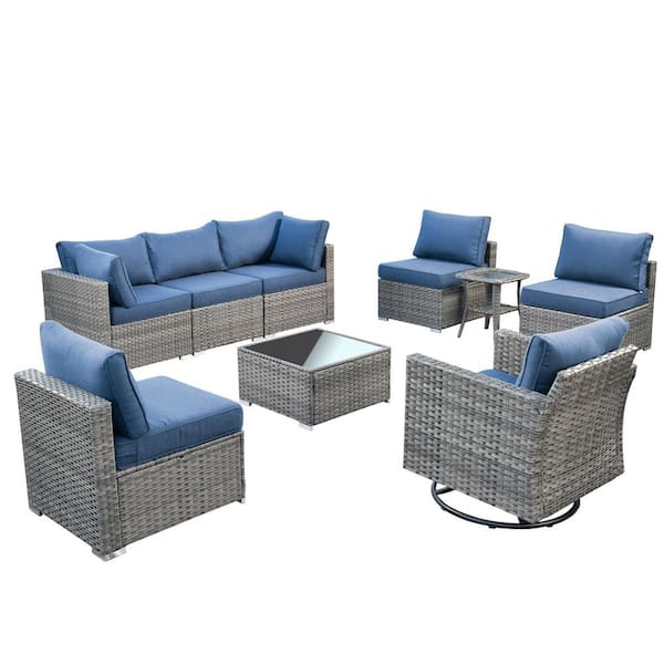 Sanibel Gray 9-Piece Wicker Outdoor Patio Conversation Sofa Set with a Swivel Rocking Chair and Denim Blue Cushions