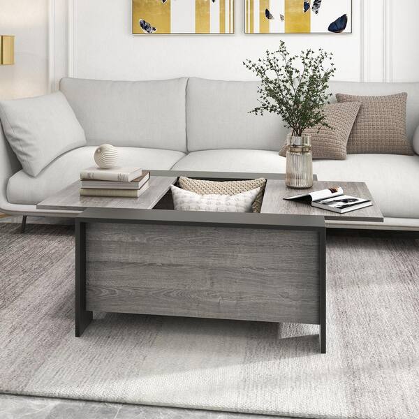 HONEY JOY 36.5 in. Black And Gray Square Sliding Wood Top Coffee Table with Hidden Compartment Extendable Cocktail Tea Table