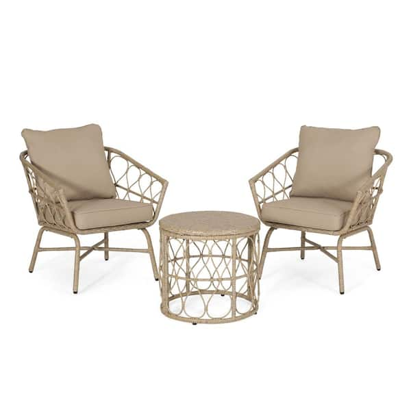 Noble House Montserrat Light Brown 3-Piece Wicker Outdoor Patio Conversation Set with Beige Cushions