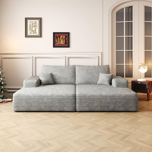 Comfort Collection 74.8 in. Square Arm 2-Piece Corduroy Rectangular Dual Sleeper Sofa Bed Sectional Sofa in Gray