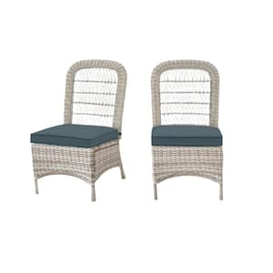 Beacon Park Gray Wicker Outdoor Patio Armless Dining Chair with Sunbrella Denim Blue Cushions (2-Pack)