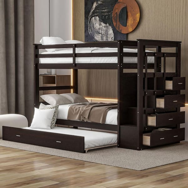 Harper & Bright Designs Espresso Twin Over Twin Wood Bunk Bed with Trundle and Storage Staircase