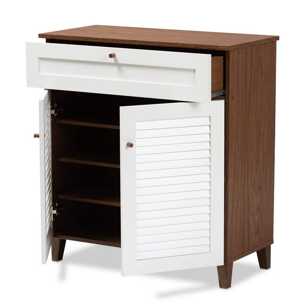 Coolidge White and Walnut Wood Shoe Storage Cabinet with Drawer