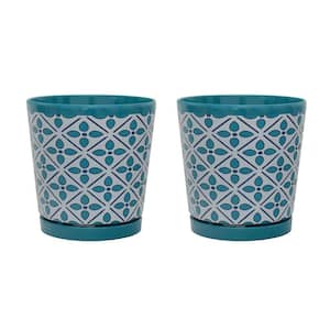 8.75 in. Dia Turquoise Geometric Pattern Melamine Pot with In-Line Saucer (2-Pack)