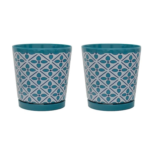 MPG 8.75 in. Dia Turquoise Geometric Pattern Melamine Pot with In-Line Saucer (2-Pack)