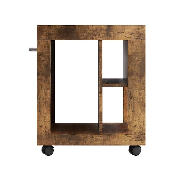Tileon Brown MDF 24 in. Kitchen Cart, Mid-Century Modern Kitchen Island on Wheels with Open Shelves and Towel Rack