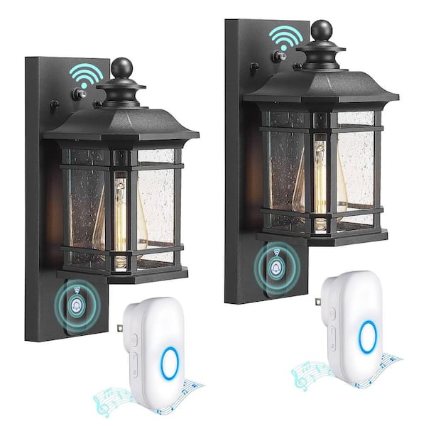 JAZAVA Classic Black Motion Sensing Dusk to Dawn Outdoor Sconce Lantern with Doorbell 2PK