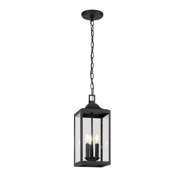 Home Decorators Collection Havenridge 18.2 in. 3-Light Matte Black Outdoor Hanging Light Pendant Light with Clear Glass (1-Pack)