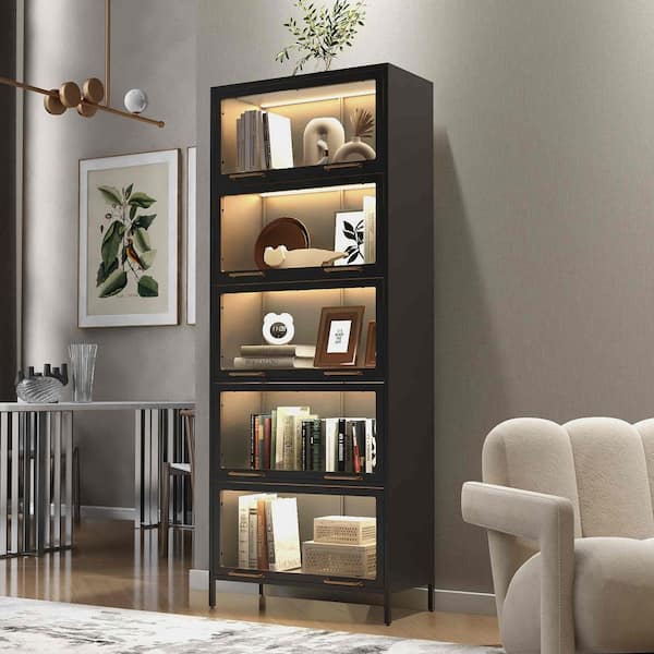 Black 78.75 in. Accent Cabinet, Display Cabinet with Glass Doors, LED Lights