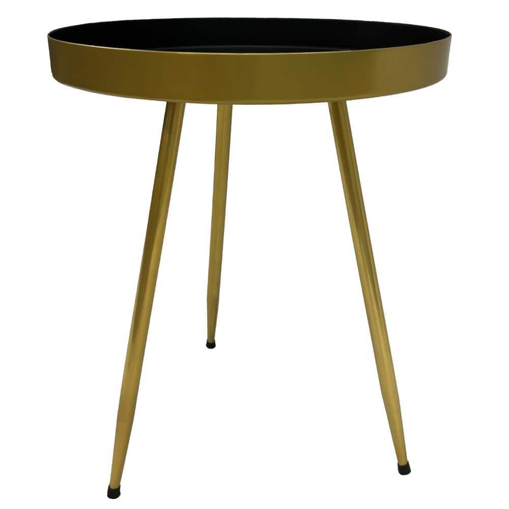 THE URBAN PORT Enid 16 in. Black and Brass Round Metal Top Side End Table with Sleek Angled Legs