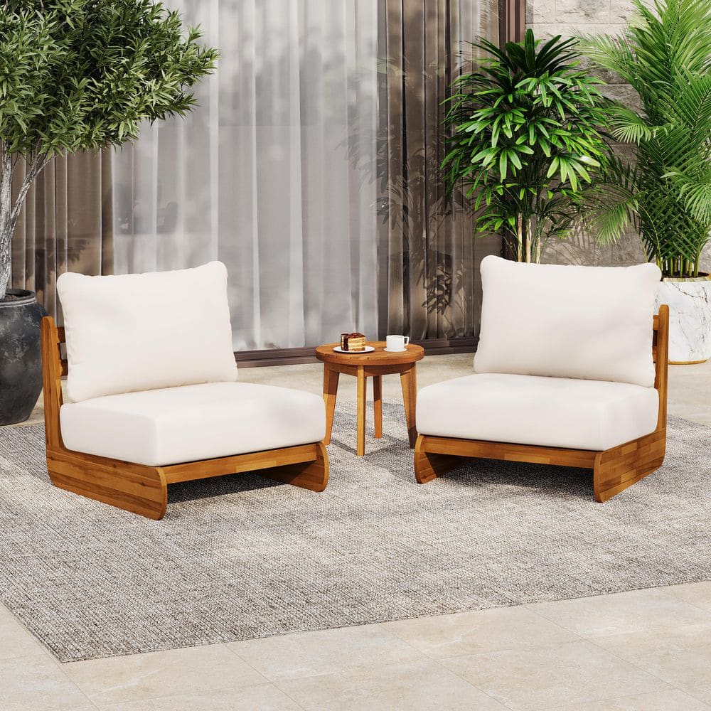 Liz Modern Teak Finish Solid Wood Patio Outdoor Lounge Chair with Beige Cushions, Deep Seating, Set of 2