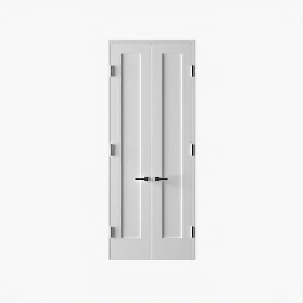 RESO 44 In. x 96 In.Bi-Parting Solid Core Primed White Composite Double Pre-hung French Door Catch Ball Satin Nickel Hinges