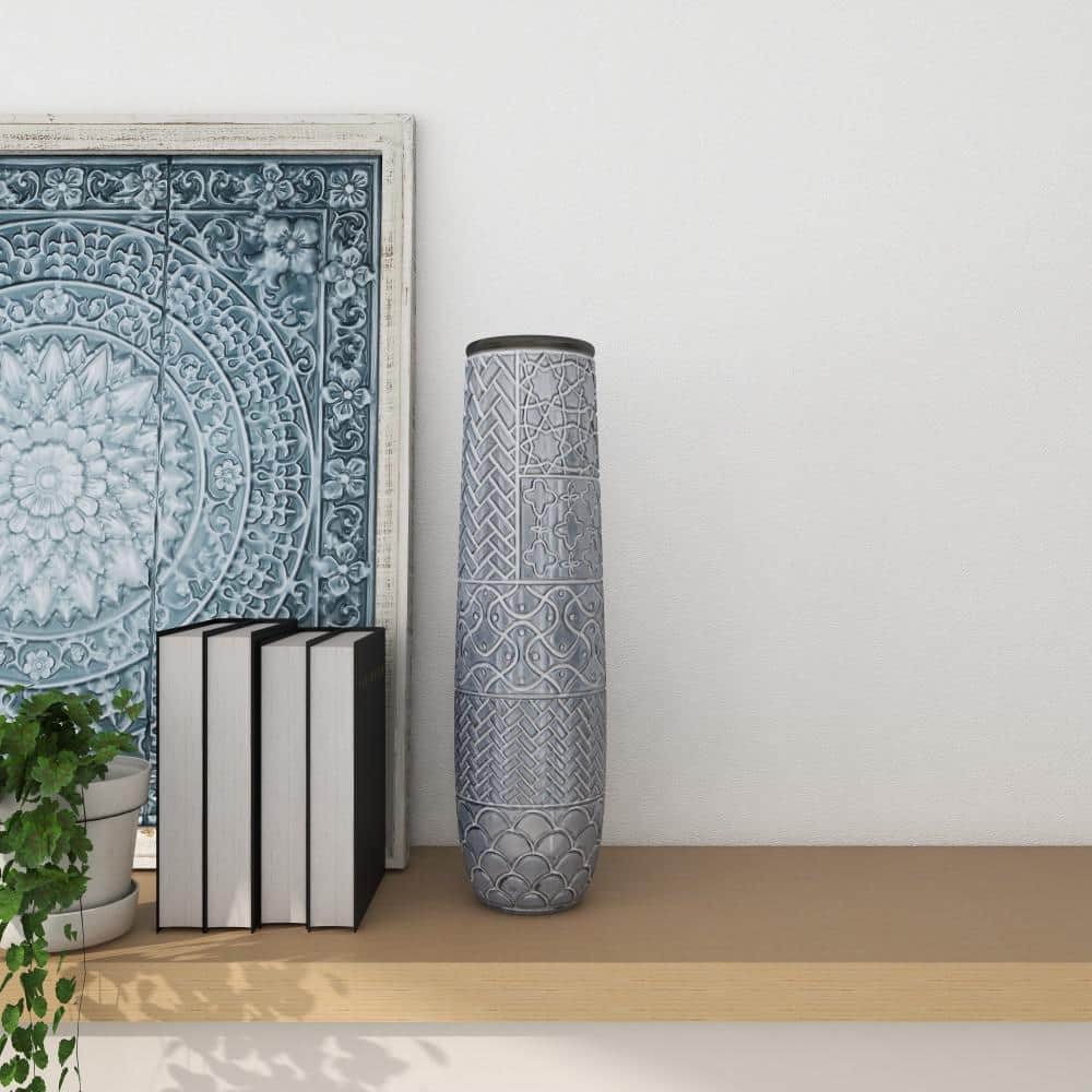 Gray Ceramic Eclectic Decorative Floor Vase with Patterns, 22"