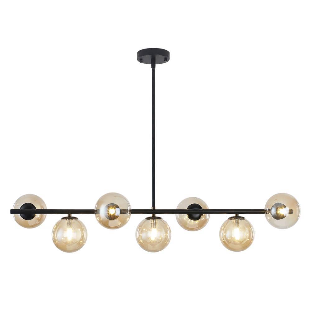 7-Light Modern Linear Chandelier with Amber Glass Shade Black Chandeliers f