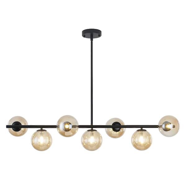 Unbranded 7-Light Modern Linear Chandelier with Amber Glass Shade Black Chandeliers for Kitchen Island Dining Living Room