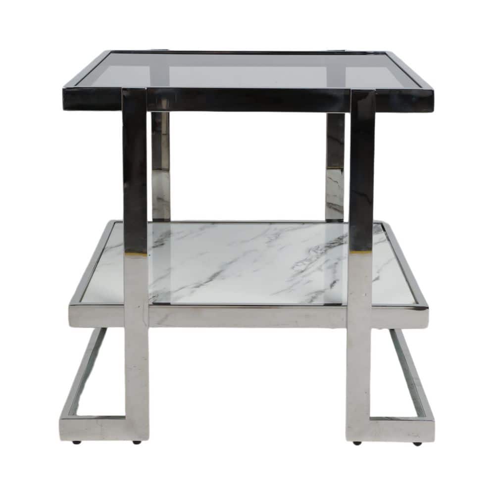 Elegant Silver & Marble Mirrored Side Table with Geometric Base